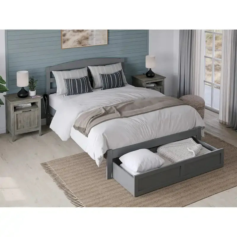 Lit plateforme avec tiroir de pied de lit et station de recharge – Blanc / Noyer / Gris / Espresso, Simple / Double / Grand