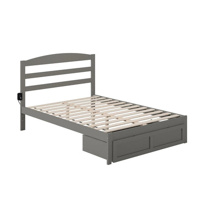 Lit plateforme avec tiroir de pied de lit et station de recharge – Blanc / Noyer / Gris / Espresso, Simple / Double / Grand