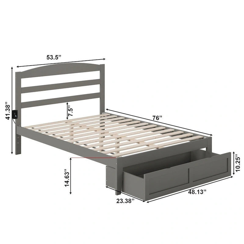 Lit plateforme avec tiroir de pied de lit et station de recharge – Blanc / Noyer / Gris / Espresso, Simple / Double / Grand