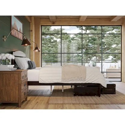 Lit plateforme avec tiroir de pied de lit et station de recharge – Blanc / Noyer / Gris / Espresso, Simple / Double / Grand