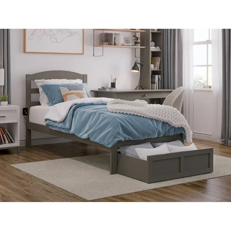Lit plateforme avec tiroir de pied de lit et station de recharge – Blanc / Noyer / Gris / Espresso, Simple / Double / Grand