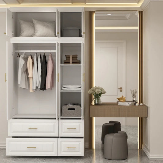 Armoire penderie avec 4 tiroirs et tringle – Blanc, 2 options de hauteur