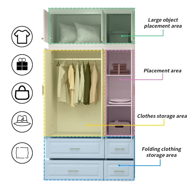 Armoire penderie avec 4 tiroirs et tringle – Blanc, 2 options de hauteur