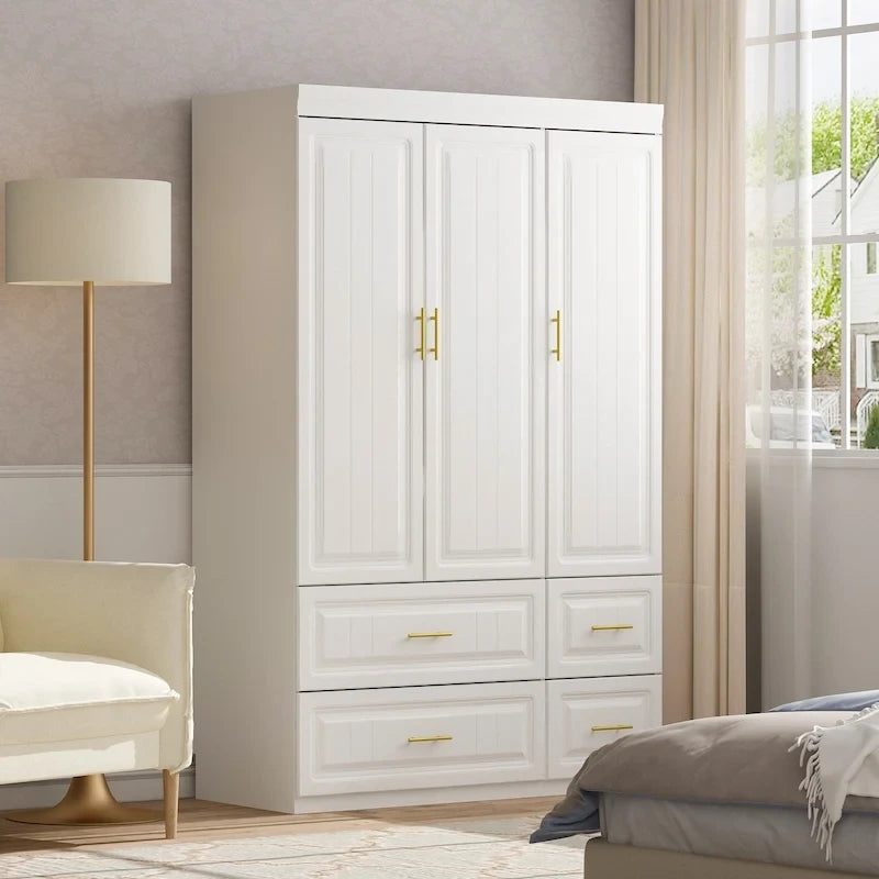 Armoire penderie avec 4 tiroirs et tringle – Blanc, 2 options de hauteur