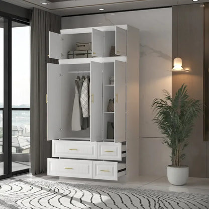 Armoire penderie avec 4 tiroirs et tringle – Blanc, 2 options de hauteur