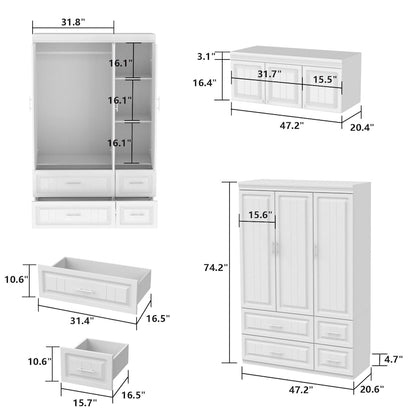 Armoire penderie avec 4 tiroirs et tringle – Blanc, 2 options de hauteur