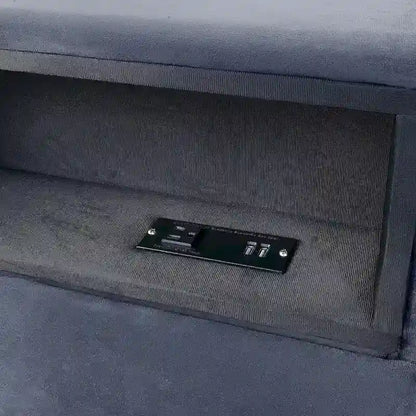 Lit plateforme tapissé gris avec tête de lit bibliothèque et port USB – Double / Grand / Très grand
