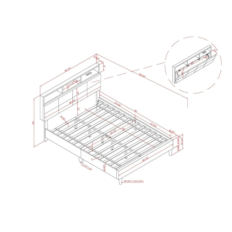 Lit plateforme tapissé gris avec tête de lit bibliothèque et port USB – Double / Grand / Très grand