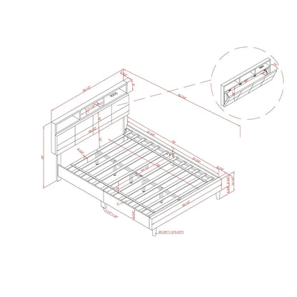 Lit plateforme tapissé gris avec tête de lit bibliothèque et port USB – Double / Grand / Très grand