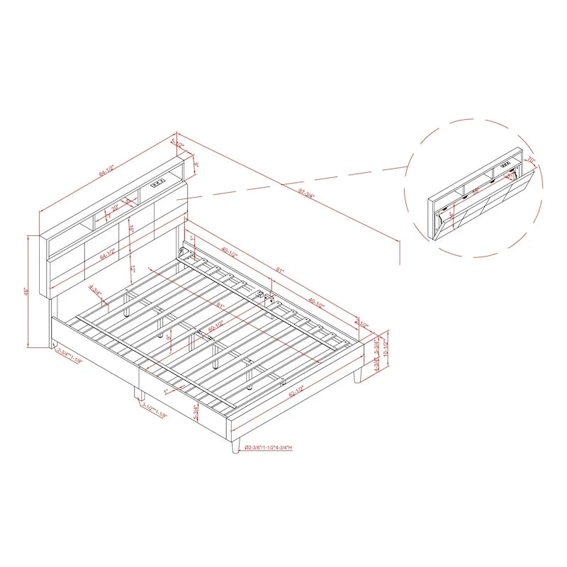 Lit plateforme tapissé gris avec tête de lit bibliothèque et port USB – Double / Grand / Très grand