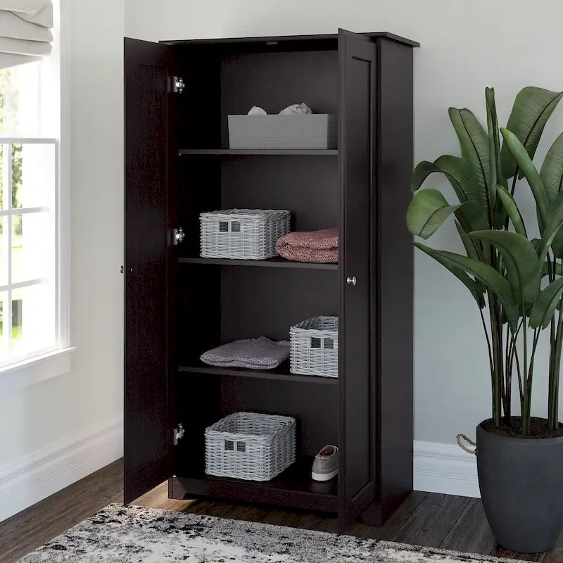 Armoire de rangement haute à 2 portes avec étagères réglables – Chêne expresso / Chêne lin blanc / Gris moderne / Pin recyclé