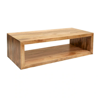 Table basse cube ouverte en bois de manguier – Brun naturel, 1 étagère, 58 po