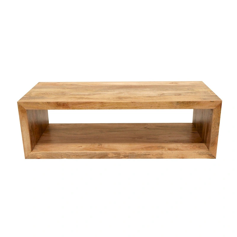 Table basse cube ouverte en bois de manguier – Brun naturel, 1 étagère, 58 po