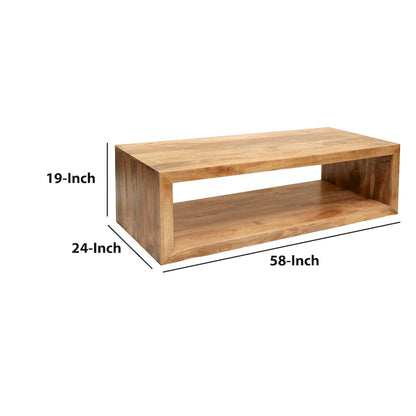Table basse cube ouverte en bois de manguier – Brun naturel, 1 étagère, 58 po