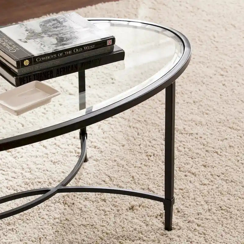 Table basse ovale à plateau en verre – Noir mat, structure en métal