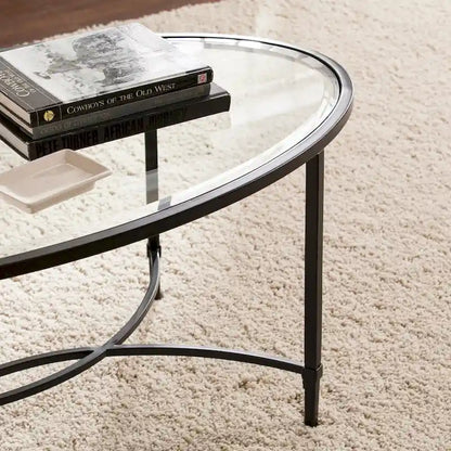 Table basse ovale à plateau en verre – Noir mat, structure en métal