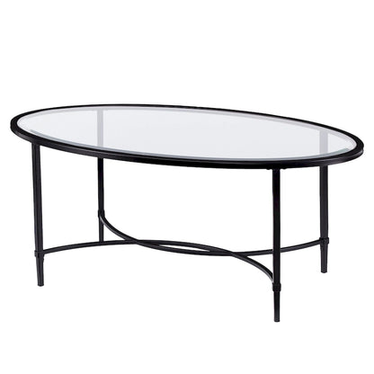 Table basse ovale à plateau en verre – Noir mat, structure en métal