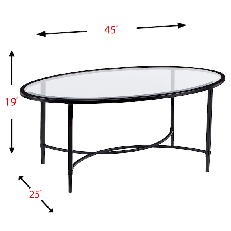 Table basse ovale à plateau en verre – Noir mat, structure en métal