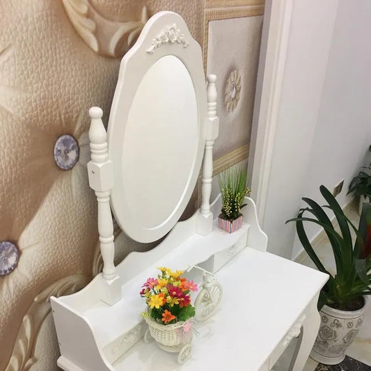 Coiffeuse avec miroir ovale rotatif à 360° et tabouret – Blanc, 4 tiroirs, usage individuel
