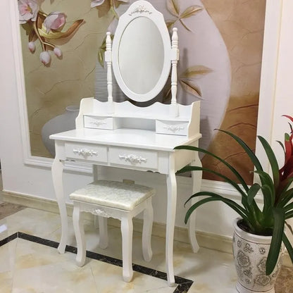 Coiffeuse avec miroir ovale rotatif à 360° et tabouret – Blanc, 4 tiroirs, usage individuel