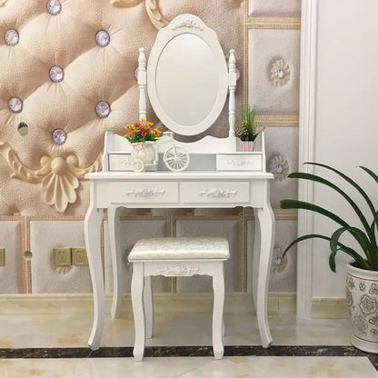 Coiffeuse avec miroir ovale rotatif à 360° et tabouret – Blanc, 4 tiroirs, usage individuel