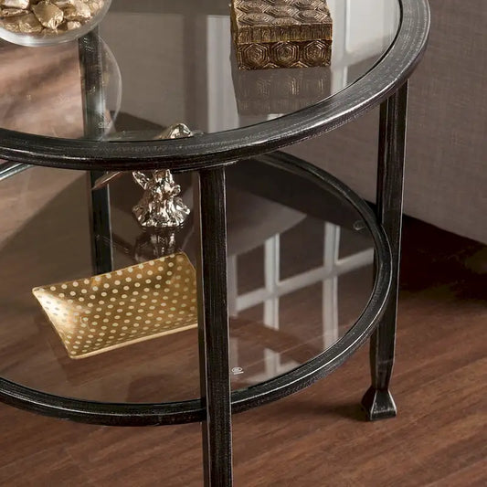 Table d'appoint ronde en fer avec plateau et étagère en verre trempé – Noir vieilli, 61 cm de diamètre