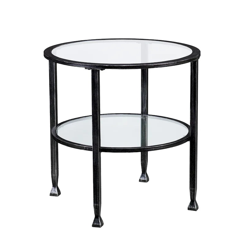 Table d'appoint ronde en fer avec plateau et étagère en verre trempé – Noir vieilli, 61 cm de diamètre