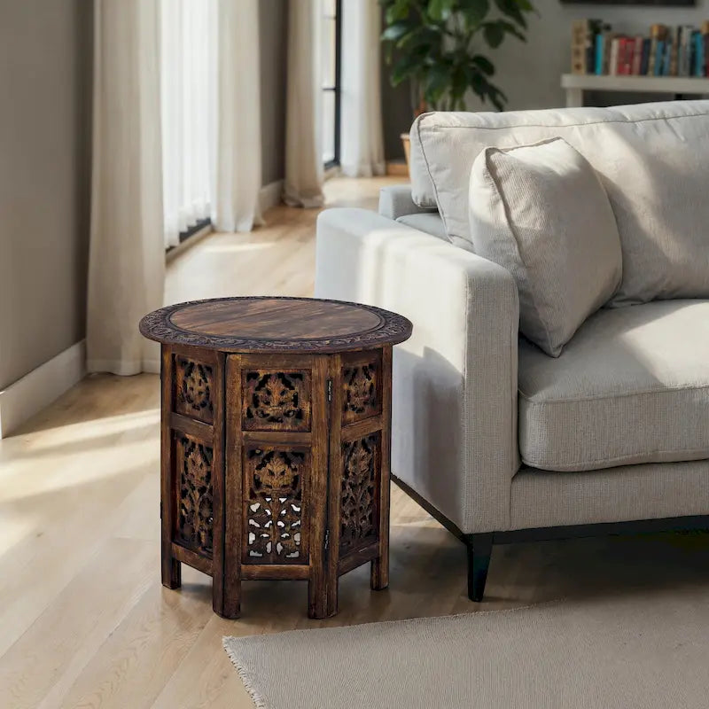 Table d'appoint pliante ronde en bois de manguier – Noyer marron, sculptée à la main