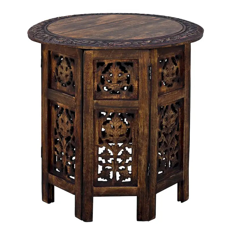 Table d'appoint pliante ronde en bois de manguier – Noyer marron, sculptée à la main
