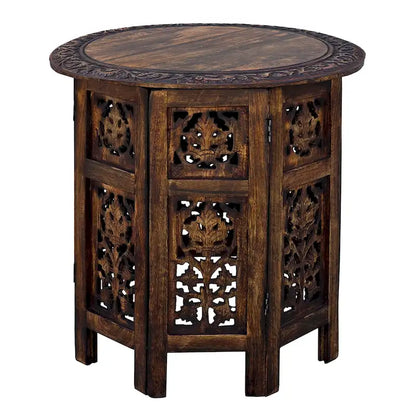 Table d'appoint pliante ronde en bois de manguier – Noyer marron, sculptée à la main