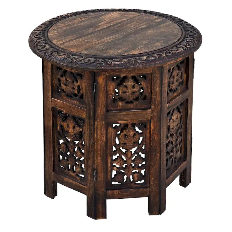 Table d'appoint pliante ronde en bois de manguier – Noyer marron, sculptée à la main