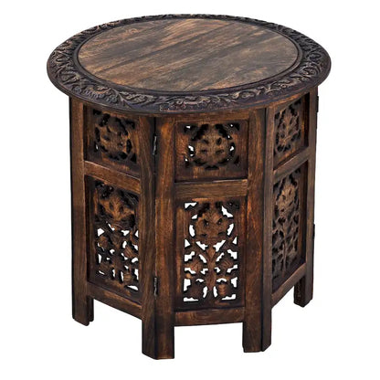 Table d'appoint pliante ronde en bois de manguier – Noyer marron, sculptée à la main