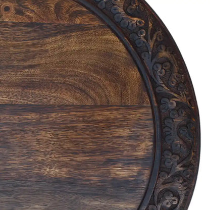 Table d'appoint pliante ronde en bois de manguier – Noyer marron, sculptée à la main