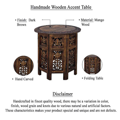 Table d'appoint pliante ronde en bois de manguier – Noyer marron, sculptée à la main