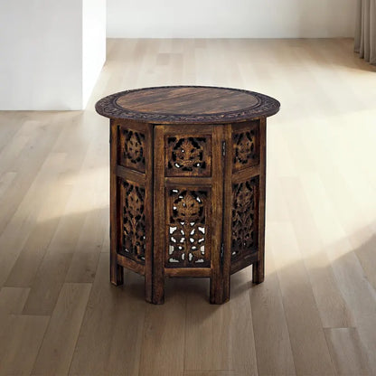 Table d'appoint pliante ronde en bois de manguier – Noyer marron, sculptée à la main