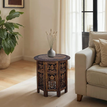 Table d'appoint pliante ronde en bois de manguier – Noyer marron, sculptée à la main