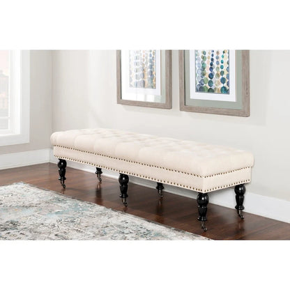 Banc de couloir en lin capitonné – Blanc cassé, clous décoratifs