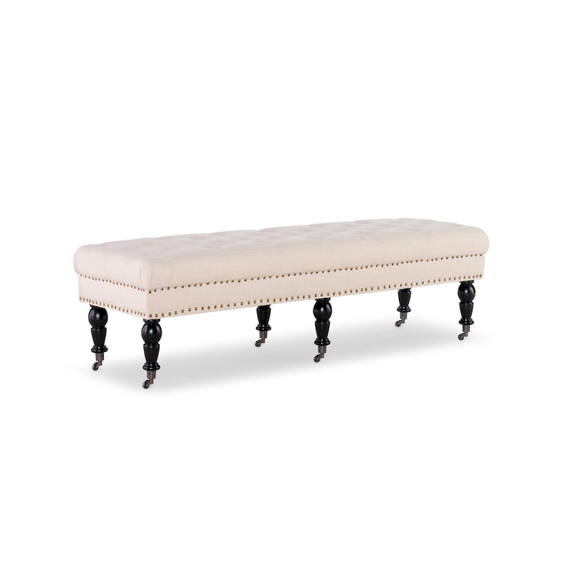 Banc de couloir en lin capitonné – Blanc cassé, clous décoratifs
