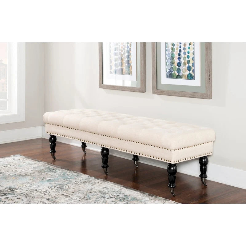 Banc de couloir en lin capitonné – Blanc cassé, clous décoratifs