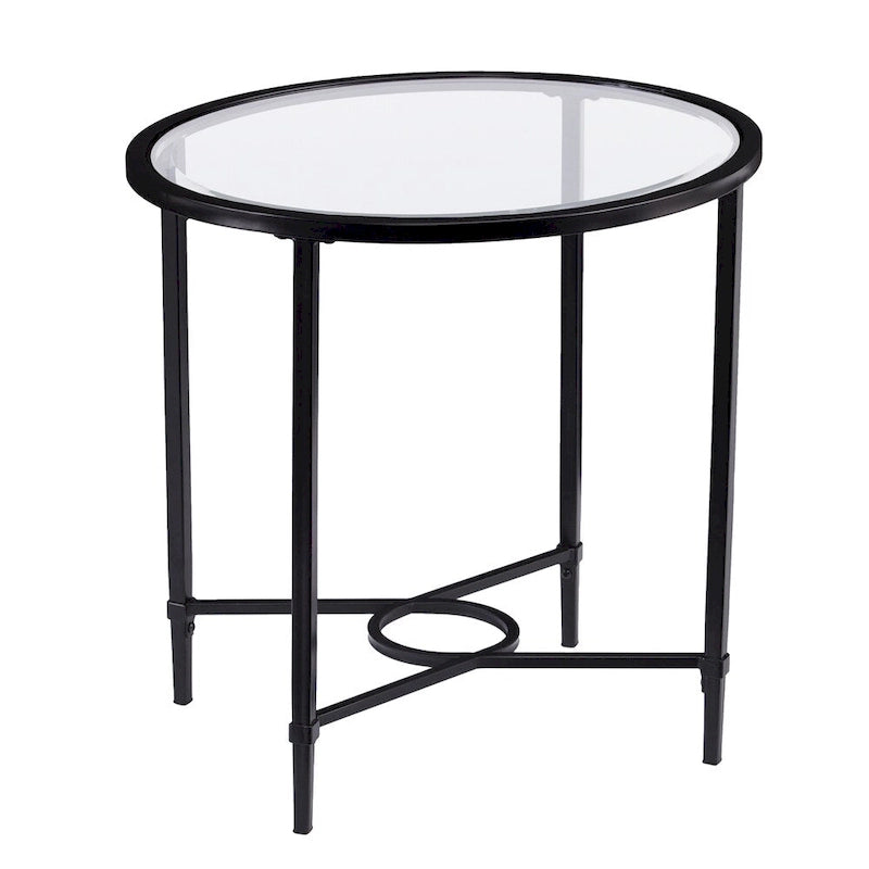 Table d'appoint ovale en verre trempé – Piètement en métal noir à volutes
