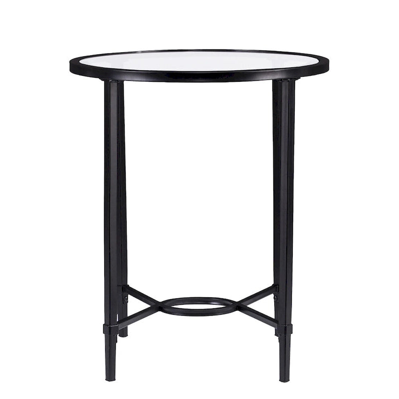 Table d'appoint ovale en verre trempé – Piètement en métal noir à volutes