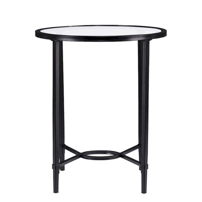 Table d'appoint ovale en verre trempé – Piètement en métal noir à volutes
