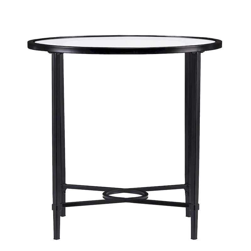 Table d'appoint ovale en verre trempé – Piètement en métal noir à volutes