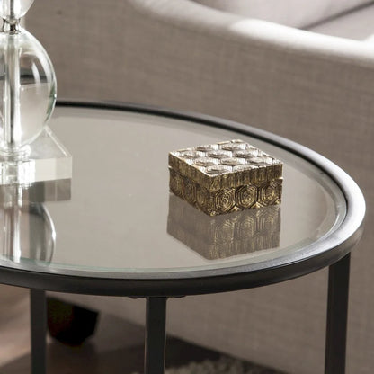 Table d'appoint ovale en verre trempé – Piètement en métal noir à volutes