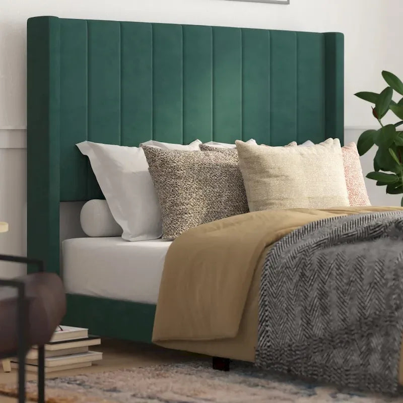 Lit plateforme capitonné en velours avec dossier ailé – Émeraude / Gris / Marine, Grand lit / Très grand lit, 2 personnes