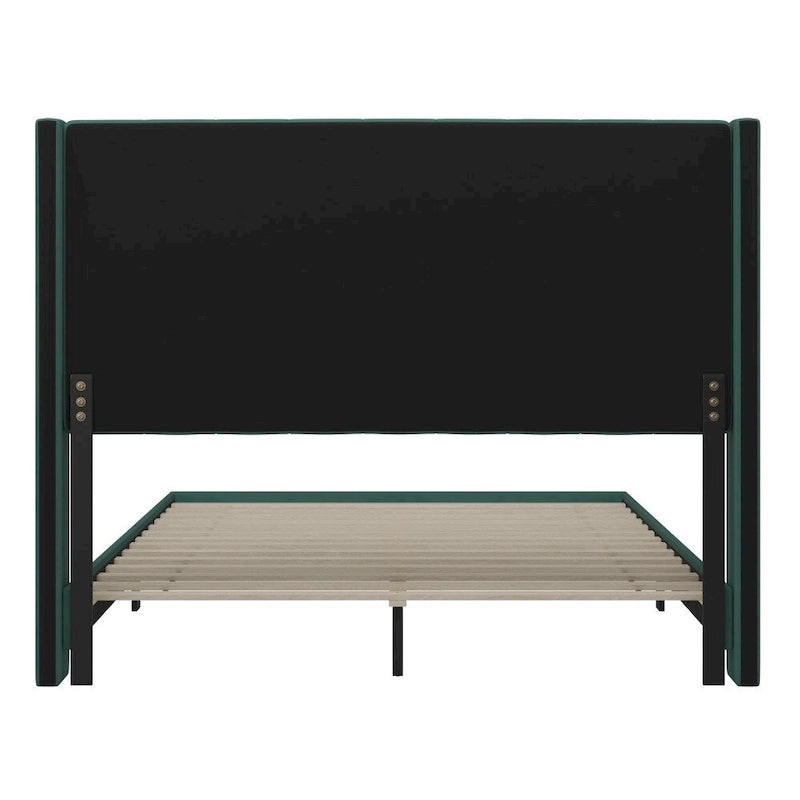 Lit plateforme capitonné en velours avec dossier ailé – Émeraude / Gris / Marine, Grand lit / Très grand lit, 2 personnes