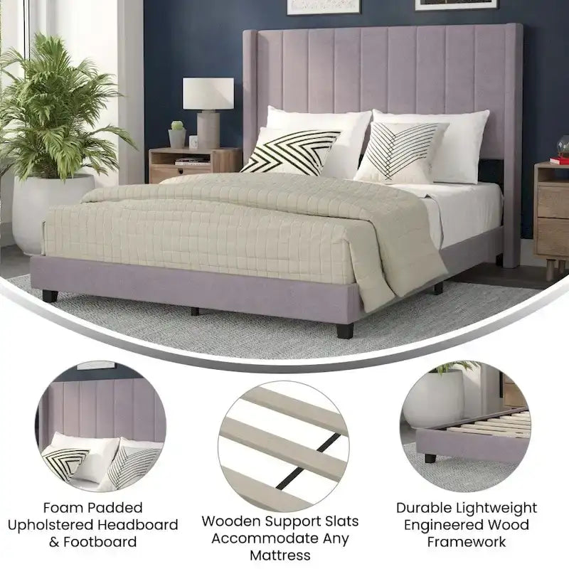 Lit plateforme capitonné en velours avec dossier ailé – Émeraude / Gris / Marine, Grand lit / Très grand lit, 2 personnes
