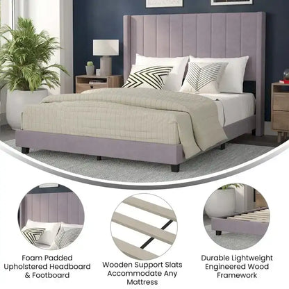 Lit plateforme capitonné en velours avec dossier ailé – Émeraude / Gris / Marine, Grand lit / Très grand lit, 2 personnes