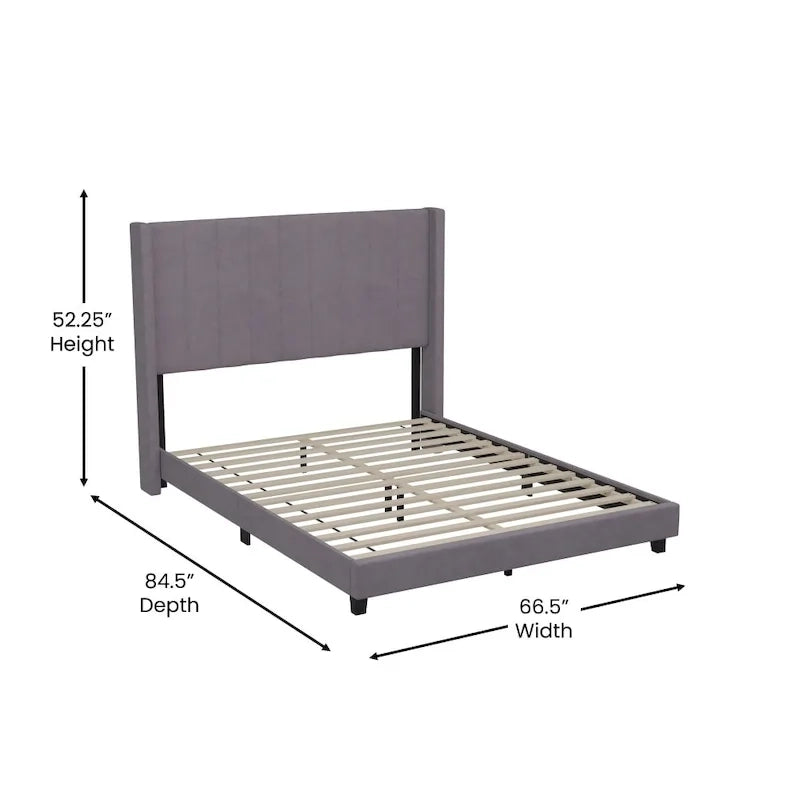 Lit plateforme capitonné en velours avec dossier ailé – Émeraude / Gris / Marine, Grand lit / Très grand lit, 2 personnes