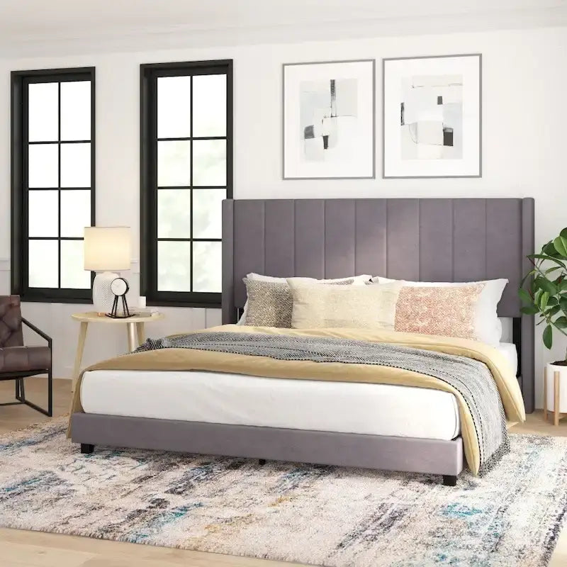 Lit plateforme capitonné en velours avec dossier ailé – Émeraude / Gris / Marine, Grand lit / Très grand lit, 2 personnes